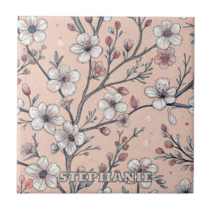 Pink Cherry Blossom Sakura Pattern on Pink (1) Tile