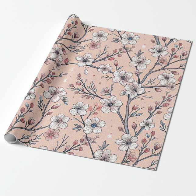 Pink Cherry Blossom Sakura Pattern on Pink (1) Wrapping Paper (Unrolled)