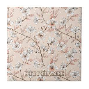 Pink Cherry Blossom Sakura Pattern on Pink (2) Tile