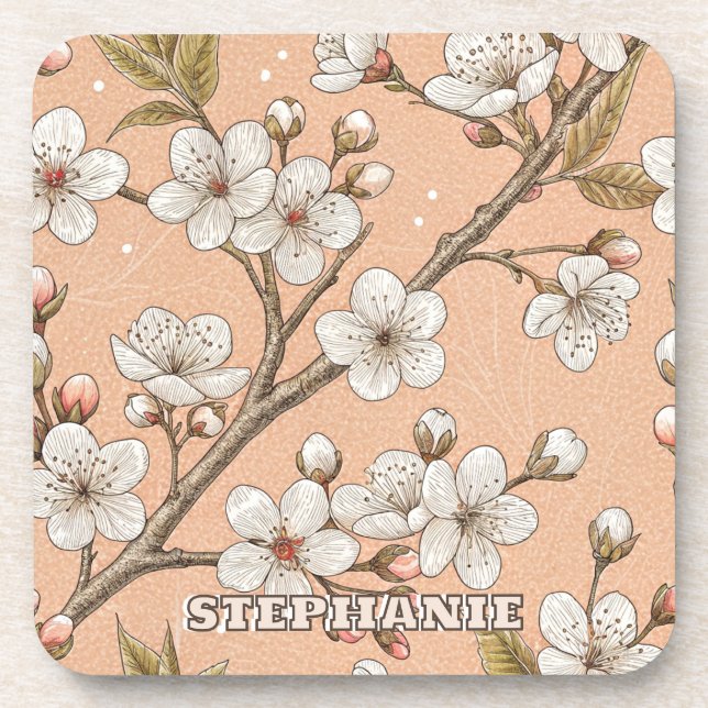 Pink Cherry Blossom Sakura Pattern on Pink (3) Coaster (Front)