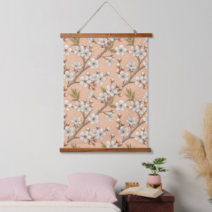 Pink Cherry Blossom Sakura Pattern on Pink (3) Hanging Tapestry