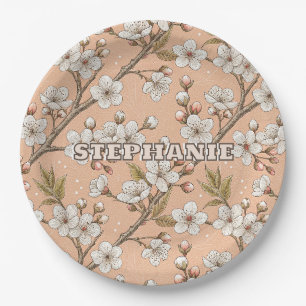 Pink Cherry Blossom Sakura Pattern on Pink (3) Paper Plate