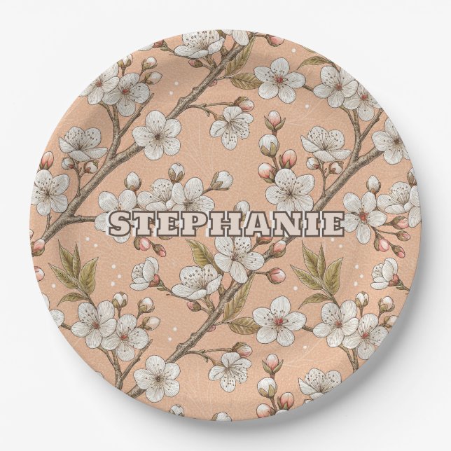 Pink Cherry Blossom Sakura Pattern on Pink (3) Paper Plate (Front)
