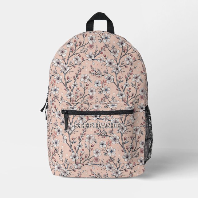 Pink Cherry Blossom Sakura Pattern on Pink Printed Backpack (Front)