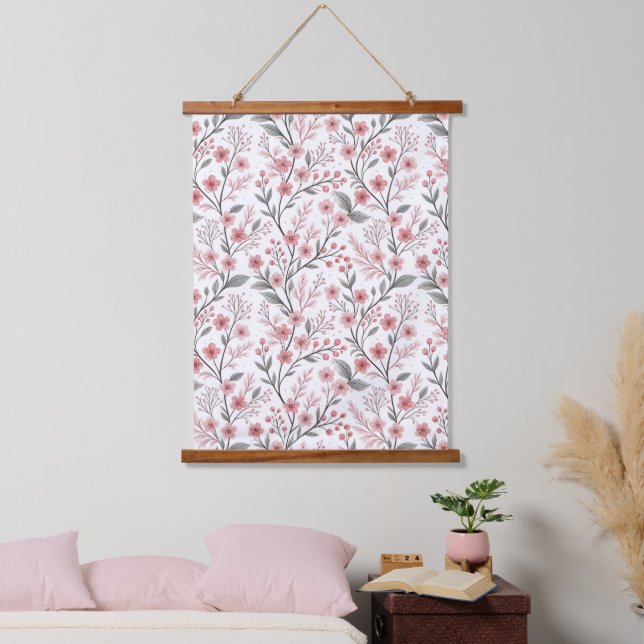 Pink Cherry Blossom Sakura Pattern on White (1) Hanging Tapestry (Bedroom)