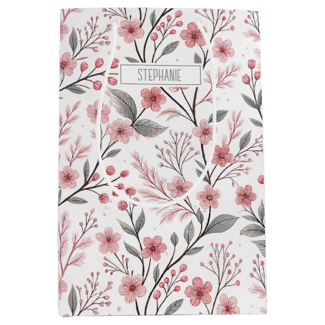 Pink Cherry Blossom Sakura Pattern on White (1) Medium Gift Bag (Front)