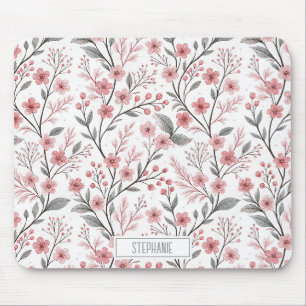 Pink Cherry Blossom Sakura Pattern on White (1) Mouse Mat