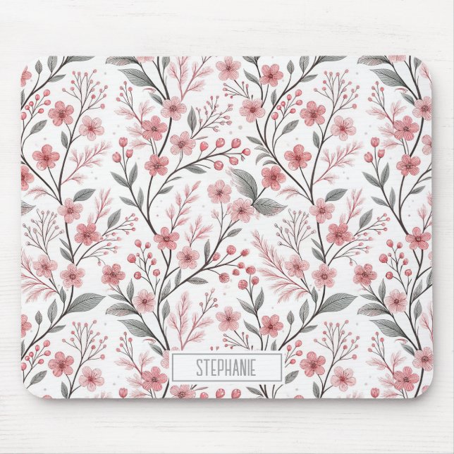 Pink Cherry Blossom Sakura Pattern on White (1) Mouse Mat (Front)