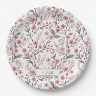 Pink Cherry Blossom Sakura Pattern on White (1) Paper Plate
