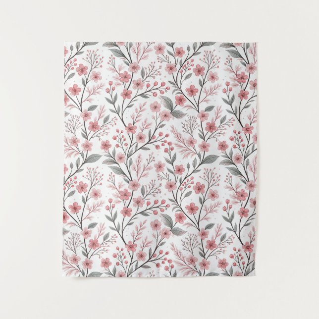 Pink Cherry Blossom Sakura Pattern on White (1) Tapestry (Front)