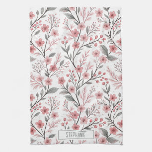 Pink Cherry Blossom Sakura Pattern on White (1) Tea Towel