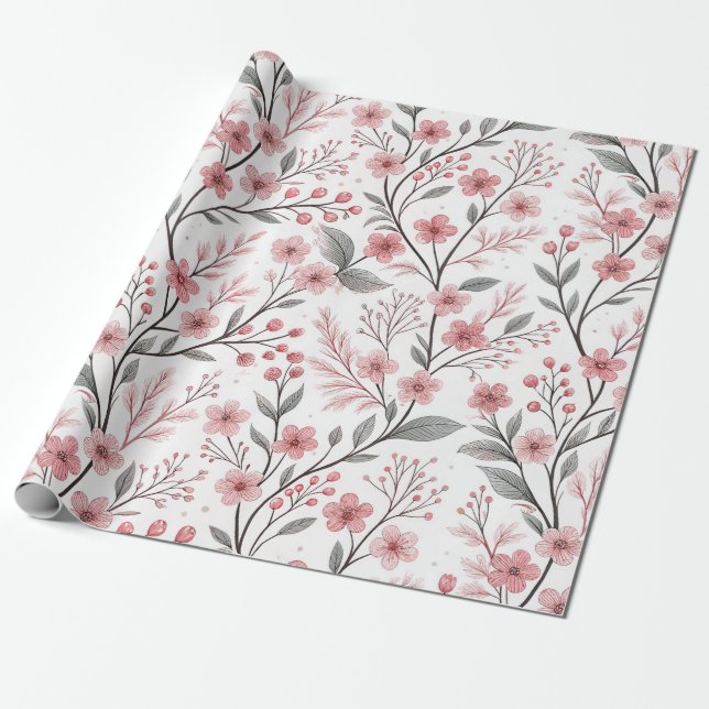 Pink Cherry Blossom Sakura Pattern on White (1) Wrapping Paper (Unrolled)