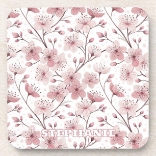 Pink Cherry Blossom Sakura Pattern on White (2) Coaster