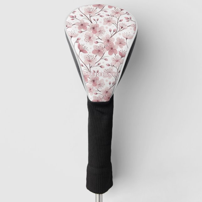 Pink Cherry Blossom Sakura Pattern on White (2) Golf Head Cover (Front)
