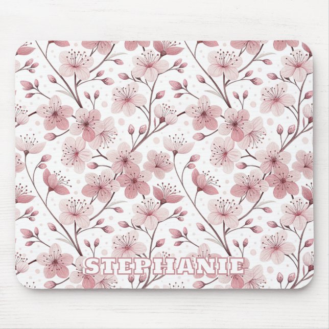 Pink Cherry Blossom Sakura Pattern on White (2) Mouse Mat (Front)