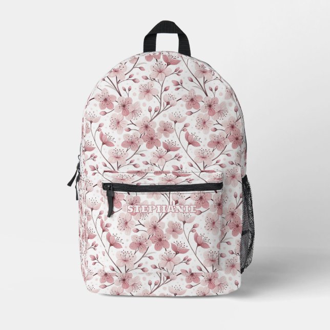 Pink Cherry Blossom Sakura Pattern on White (2) Printed Backpack (Front)