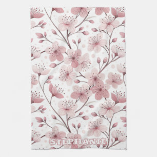 Pink Cherry Blossom Sakura Pattern on White (2) Tea Towel