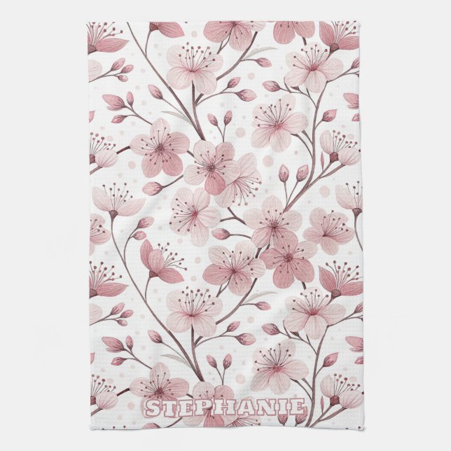 Pink Cherry Blossom Sakura Pattern on White (2) Tea Towel (Vertical)