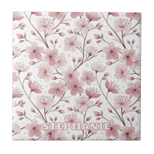 Pink Cherry Blossom Sakura Pattern on White (2) Tile