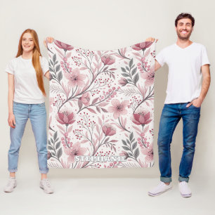 Pink Cherry Blossom Sakura Pattern on White (3) Fleece Blanket