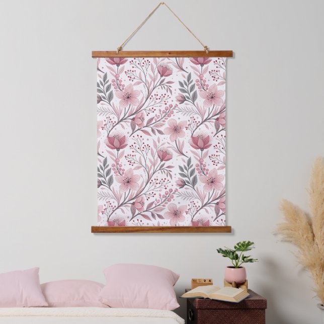 Pink Cherry Blossom Sakura Pattern on White (3) Hanging Tapestry (Bedroom)