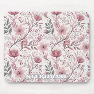 Pink Cherry Blossom Sakura Pattern on White (3) Mouse Mat