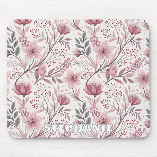 Pink Cherry Blossom Sakura Pattern on White (3) Mouse Mat (Front)
