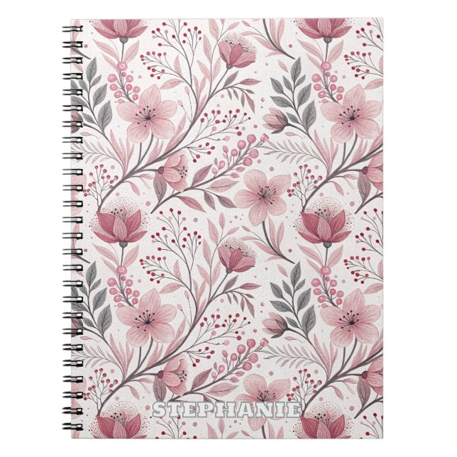 Pink Cherry Blossom Sakura Pattern on White (3) Notebook (Front)