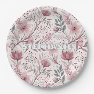 Pink Cherry Blossom Sakura Pattern on White (3) Paper Plate