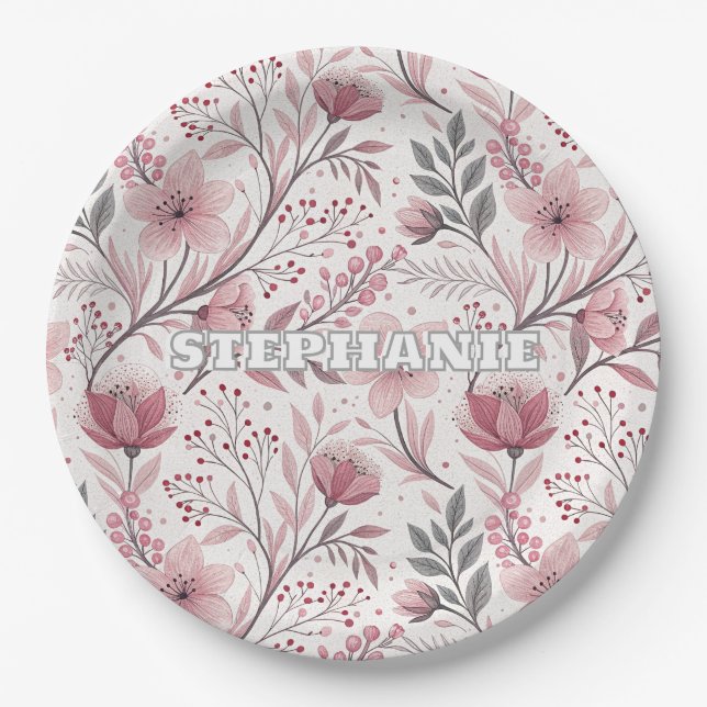 Pink Cherry Blossom Sakura Pattern on White (3) Paper Plate (Front)