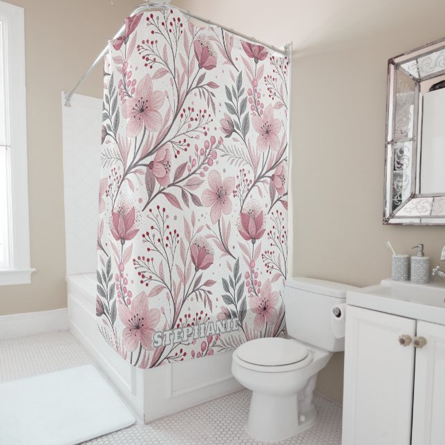 Pink Cherry Blossom Sakura Pattern on White (3) Shower Curtain (In Situ)