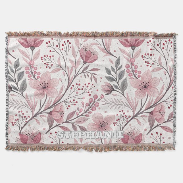 Pink Cherry Blossom Sakura Pattern on White (3) Throw Blanket (Front)