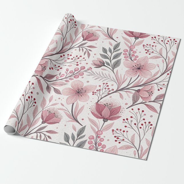 Pink Cherry Blossom Sakura Pattern on White (3) Wrapping Paper (Unrolled)