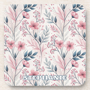 Pink Cherry Blossom Sakura Pattern on White (4) Coaster