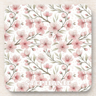 Pink Cherry Blossom Sakura Pattern on White (5) Coaster
