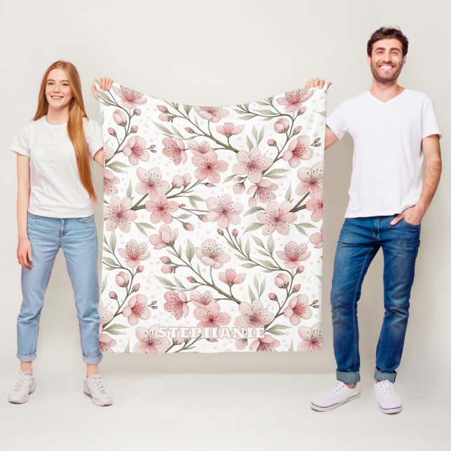 Pink Cherry Blossom Sakura Pattern on White (5) Fleece Blanket (In Situ)