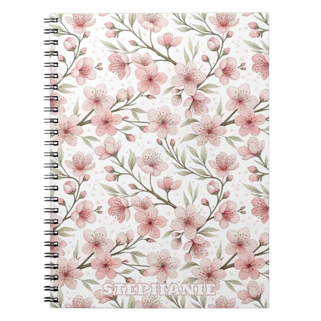 Pink Cherry Blossom Sakura Pattern on White (5) Notebook (Front)