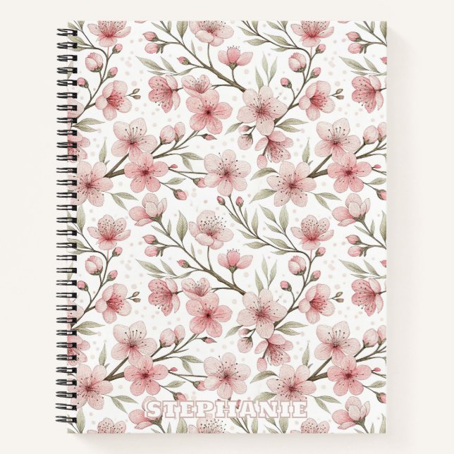 Pink Cherry Blossom Sakura Pattern on White (5) Notebook (Front)