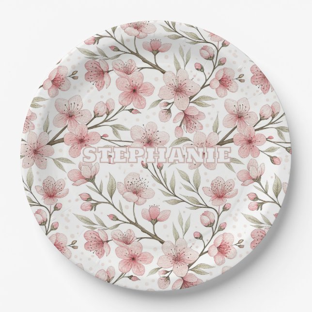 Pink Cherry Blossom Sakura Pattern on White (5) Paper Plate (Front)