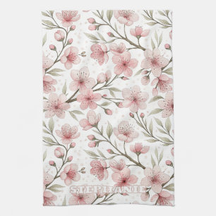 Pink Cherry Blossom Sakura Pattern on White (5) Tea Towel