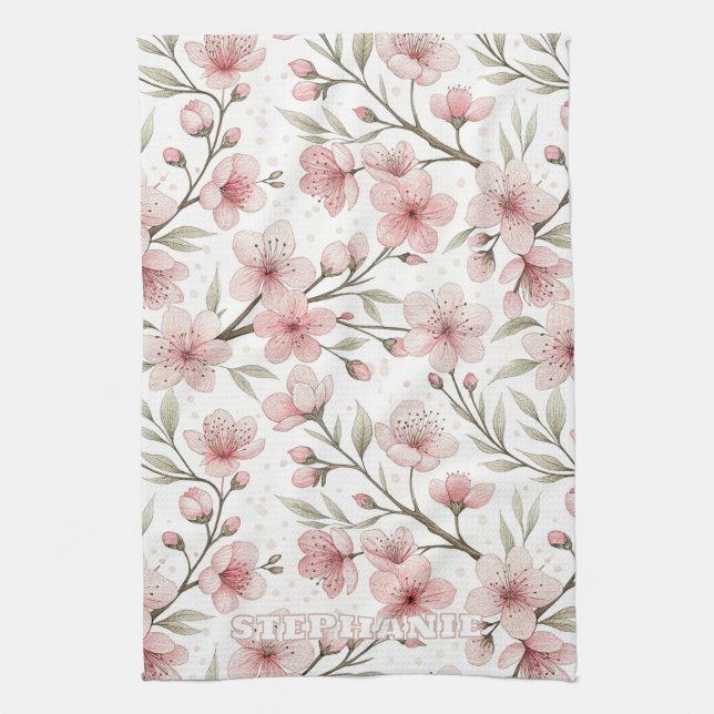 Pink Cherry Blossom Sakura Pattern on White (5) Tea Towel (Vertical)