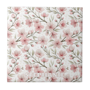 Pink Cherry Blossom Sakura Pattern on White (5) Tile