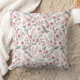Pink Cherry Blossom Sakura Pattern on White Cushion