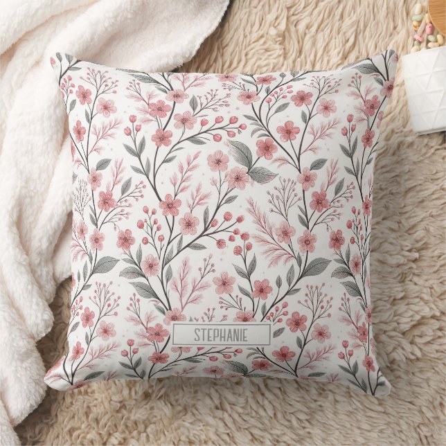 Pink Cherry Blossom Sakura Pattern on White Cushion (Blanket)