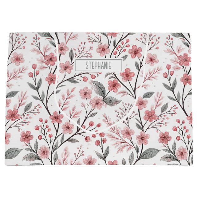 Pink Cherry Blossom Sakura Pattern on White Large Gift Bag (Front)