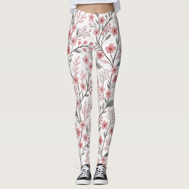 Pink Cherry Blossom Sakura Pattern on White Leggings (Front)