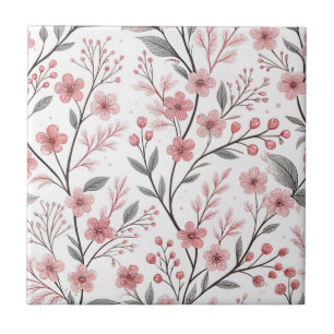 Pink Cherry Blossom Sakura Pattern on White Tile