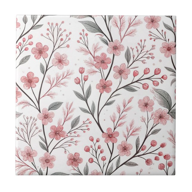 Pink Cherry Blossom Sakura Pattern on White Tile (Front)