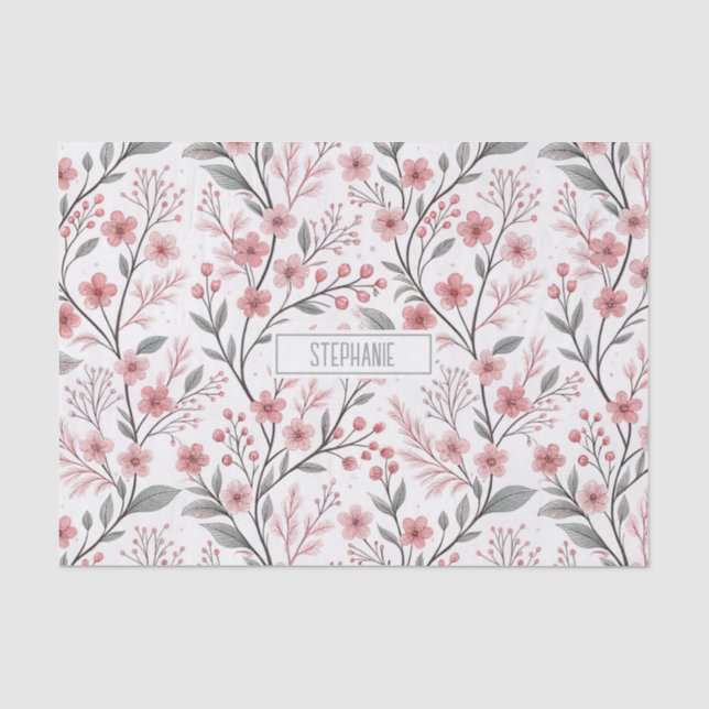 Pink Cherry Blossom Sakura Pattern on White Tissue Paper (Front)