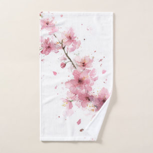 Pink Cherry Blossom Sakura Watercolor Floral Boho Bath Towel Set